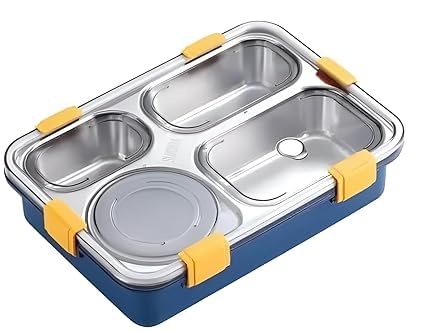 4-Compartment Stainless Steel Lunch Box – Leakproof Steel Bento Lunch Box with 4 Sections | BPA Free Food Container for Office, School & Travel (900 ML)