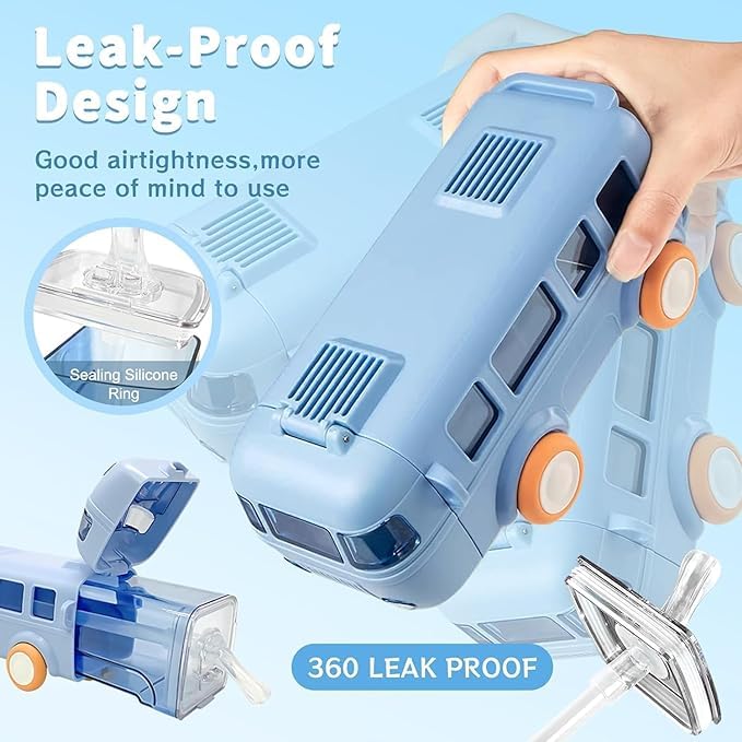 Bus Shape Water Bottle for Kids Detachable Straw with Shoulder Strap Leak-Proof Cartoon Water Bottle with Wheels  - 500 ML