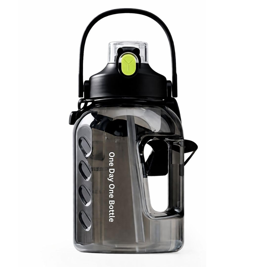1500ML Transparent Water Bottle with Silicone Straw, Built-in Filter, Wide Mouth, Handle, and Time Markers