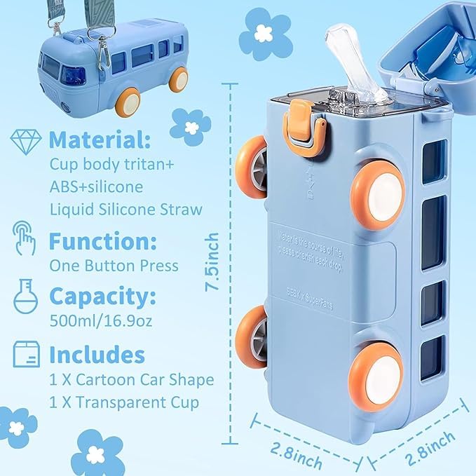 Bus Shape Water Bottle for Kids Detachable Straw with Shoulder Strap Leak-Proof Cartoon Water Bottle with Wheels  - 500 ML