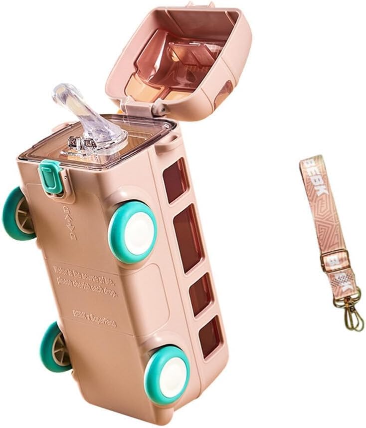 Bus Shape Water Bottle for Kids Detachable Straw with Shoulder Strap Leak-Proof Cartoon Water Bottle with Wheels  - 500 ML
