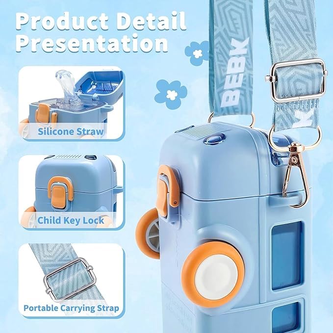 Bus Shape Water Bottle for Kids Detachable Straw with Shoulder Strap Leak-Proof Cartoon Water Bottle with Wheels  - 500 ML