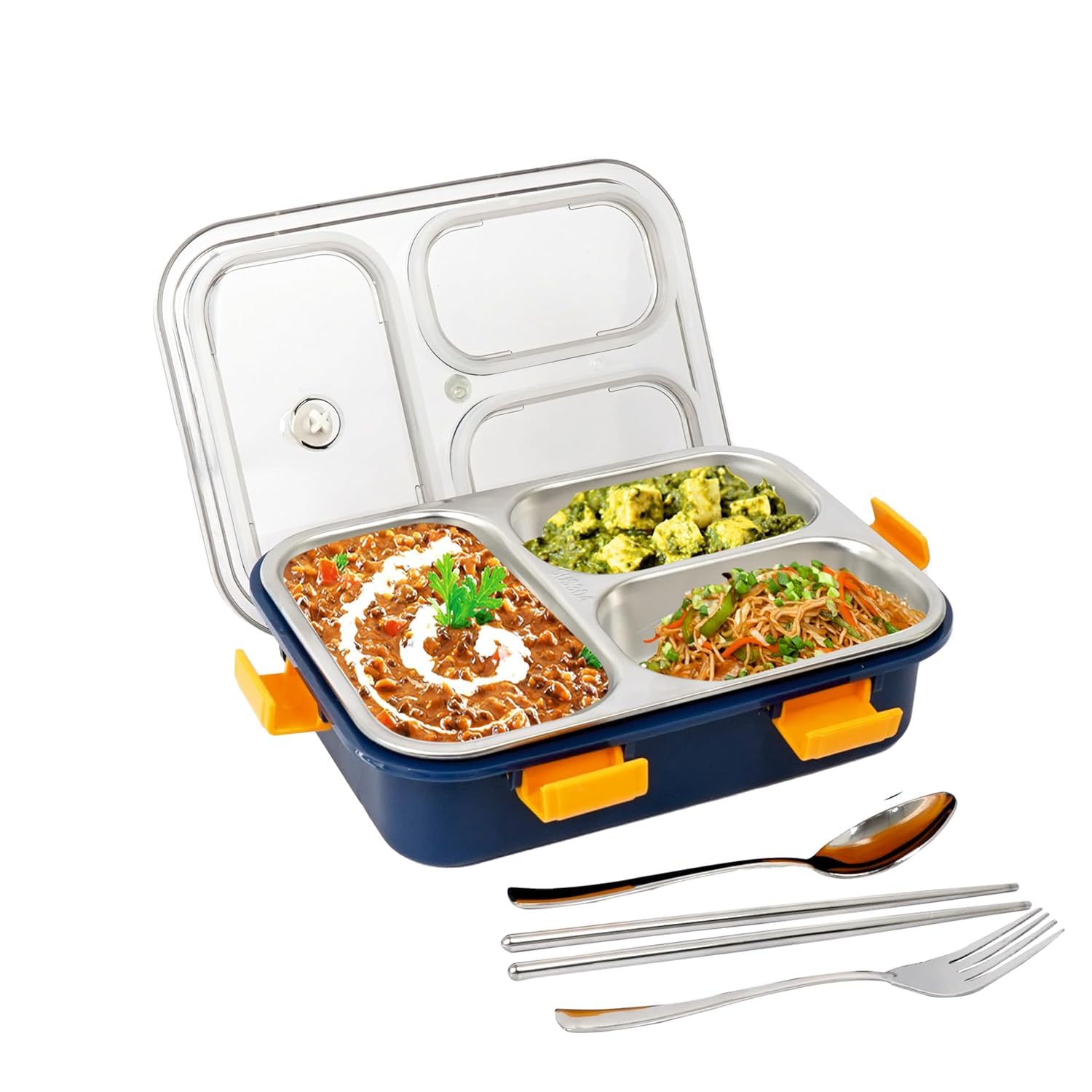 3 Compartment Stainless Steel Lunch Box 750ML Leak Proof Air Tight Tiffin Box with Spoon Fork & Chopsticks for School Office | DIYASHI