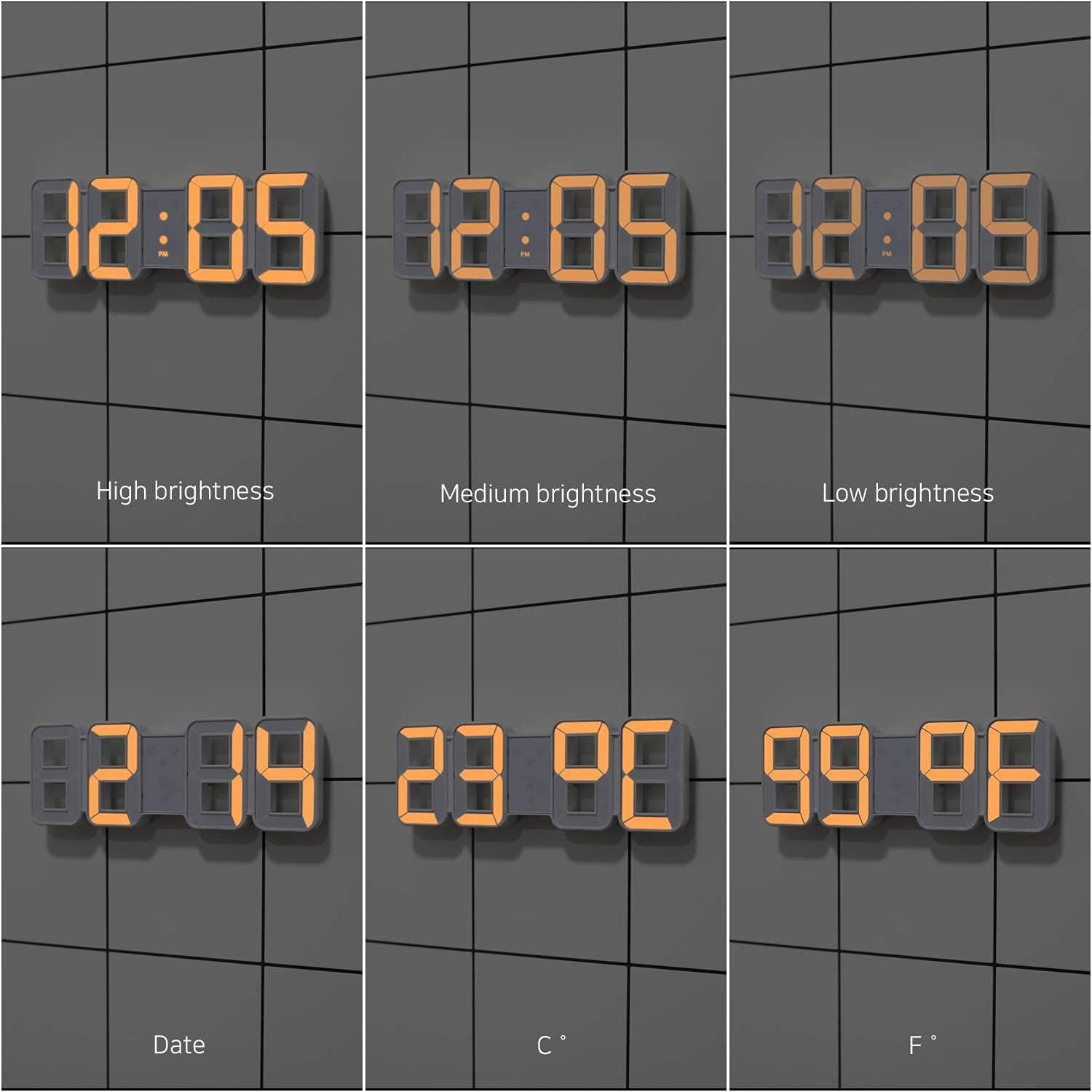 3D Led Digital Wall Clock with 3 Level Adjustable Brightness (Orange Color)
