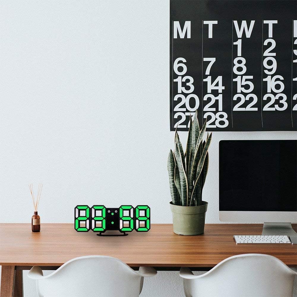3D Led Digital Wall Clock with 3 Level Adjustable Brightness (Green Color)