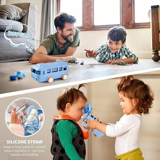 Bus Shape Water Bottle for Kids Detachable Straw with Shoulder Strap Leak-Proof Cartoon Water Bottle with Wheels  - 500 ML