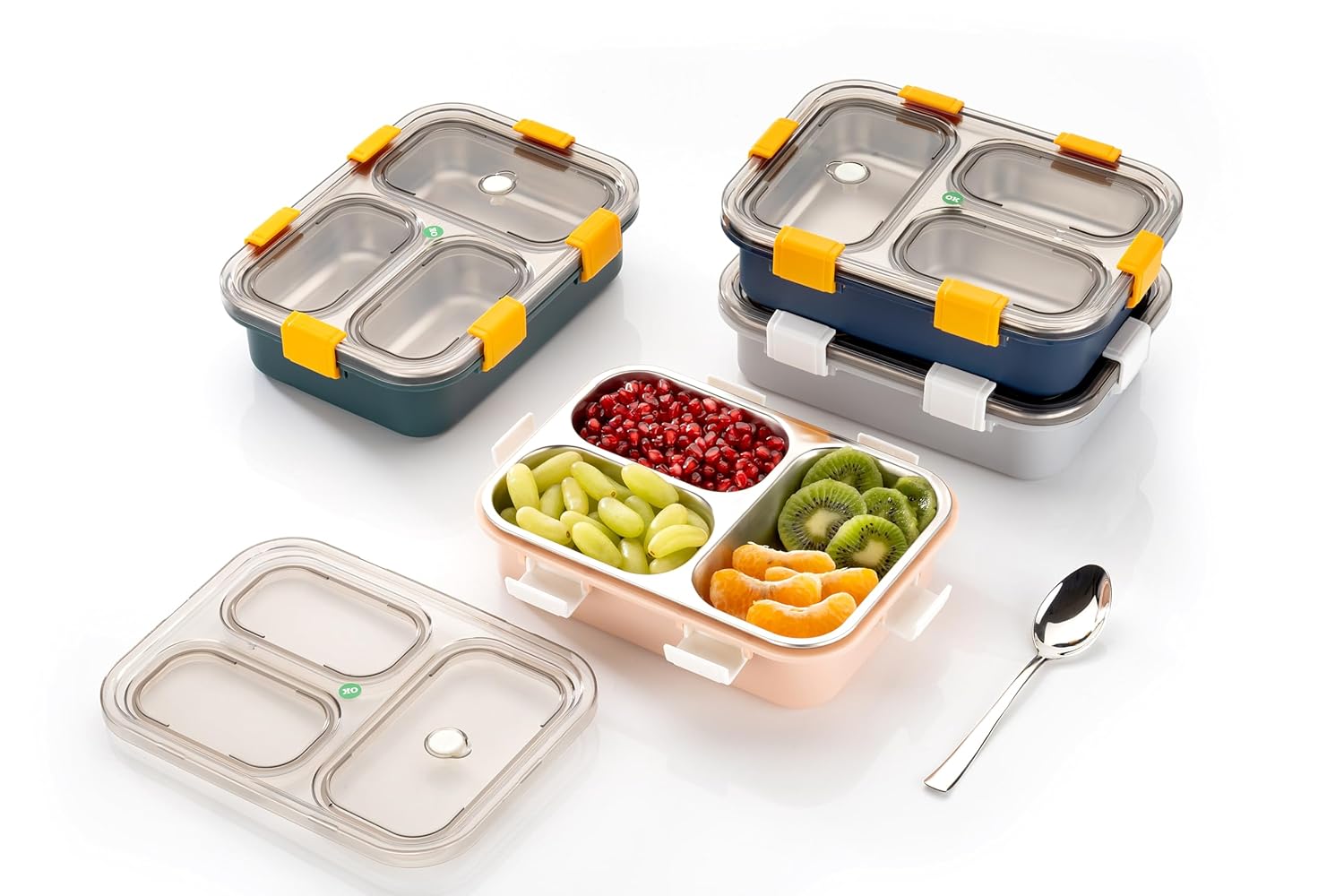 3 Compartment Stainless Steel Lunch Box 750ML Leak Proof Air Tight Tiffin Box with Spoon Fork & Chopsticks for School Office | DIYASHI