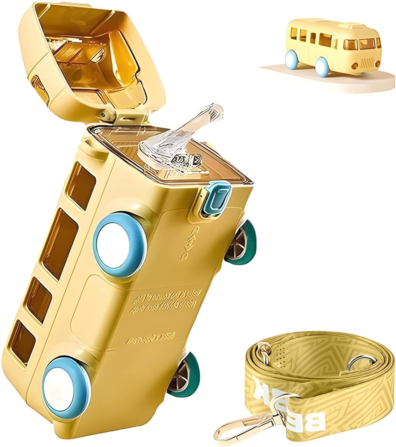 Bus Shape Water Bottle for Kids Detachable Straw with Shoulder Strap Leak-Proof Cartoon Water Bottle with Wheels  - 500 ML