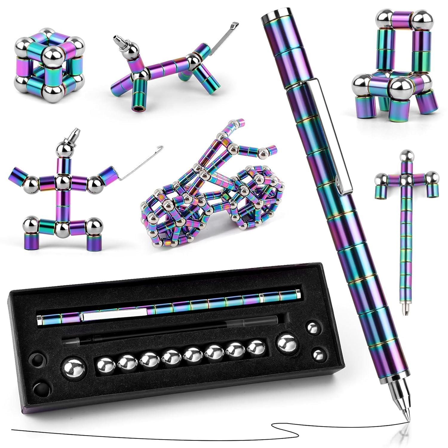 Magnetic Fidget Pen Rainbow – Stress Relief Decompression Toy Pen with Magnetic Tubes & Steel Balls