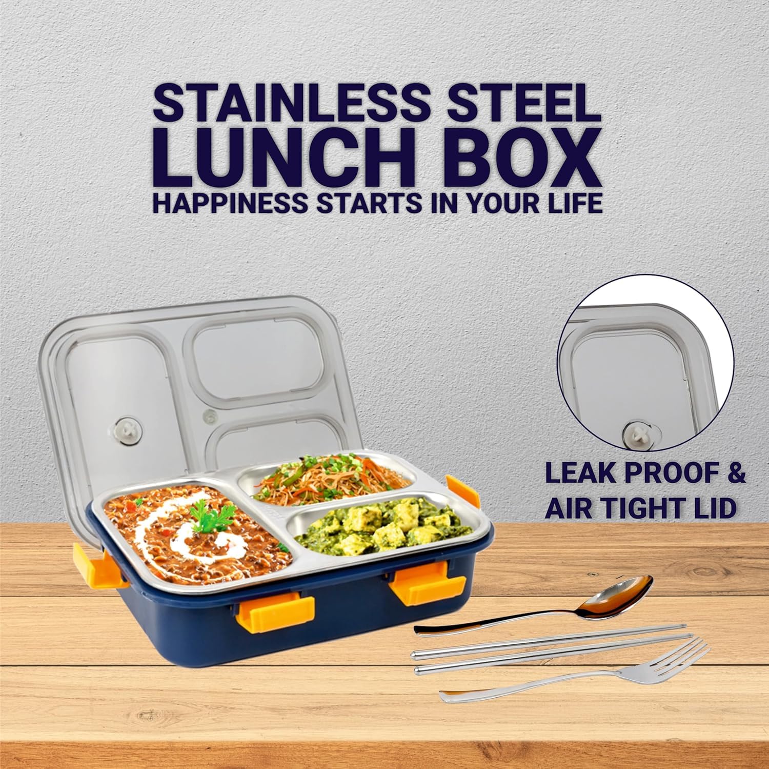 3 Compartment Stainless Steel Lunch Box 750ML Leak Proof Air Tight Tiffin Box with Spoon Fork & Chopsticks for School Office | DIYASHI